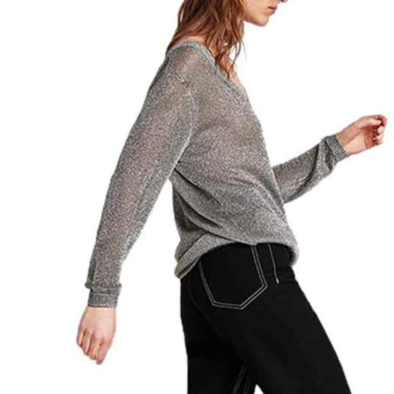 HDY Haoduoyi V Nneck Knit Micro Perspective Bright Light Metal Shiny Sweater 2020 New Ladies Simple Youth Bottoming | Женская одежда