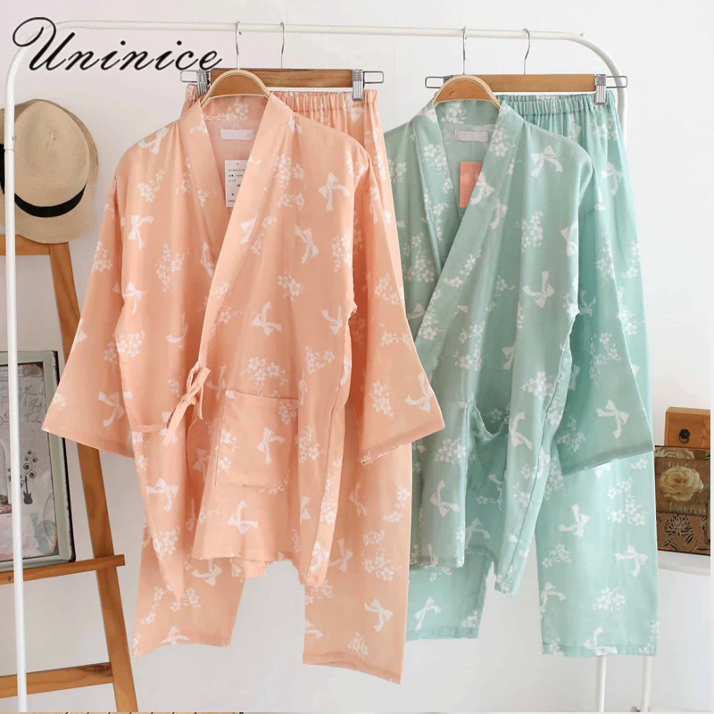 Японские пижамные комплекты простое кимоно хлопок Yukata милая свободная ночная