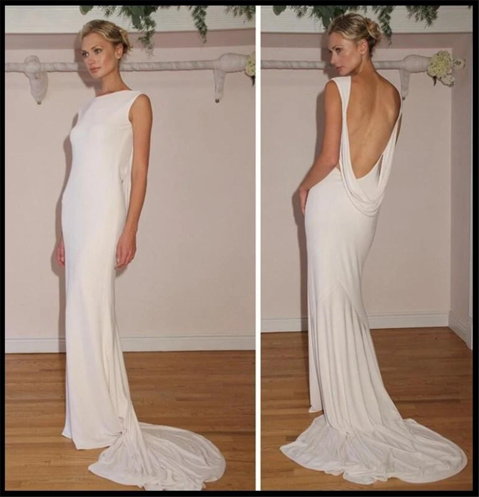 Длинный Белый Джерси Бато Декольте Вечернее Платье с Открытой Спиной Обнять