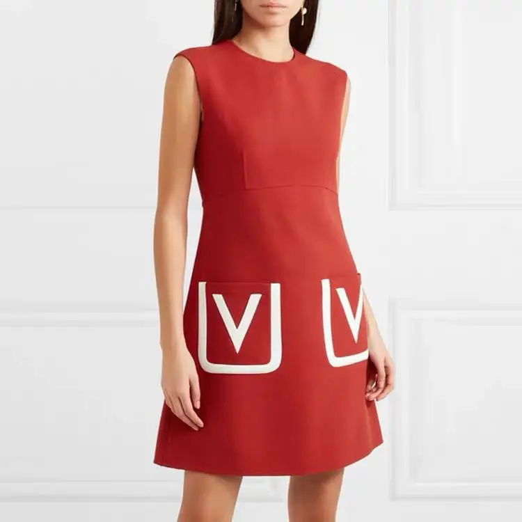 fall new round neck sleeveless letter pattern big pocket women slim knitted dress