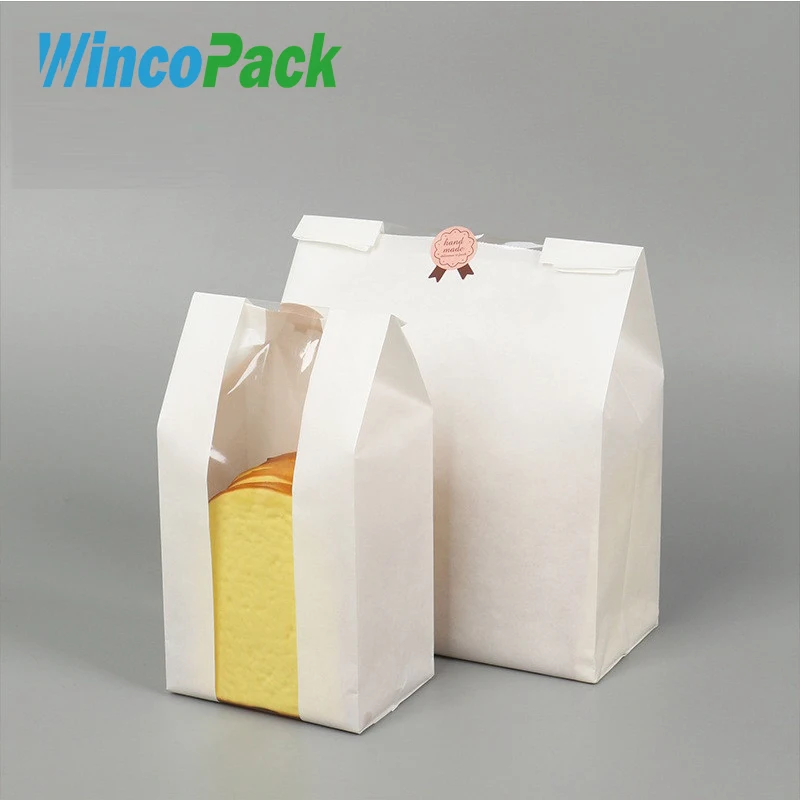WincoPack пекарня белая упаковка крафт-бумажные мешки с окном квадратным дном мешок