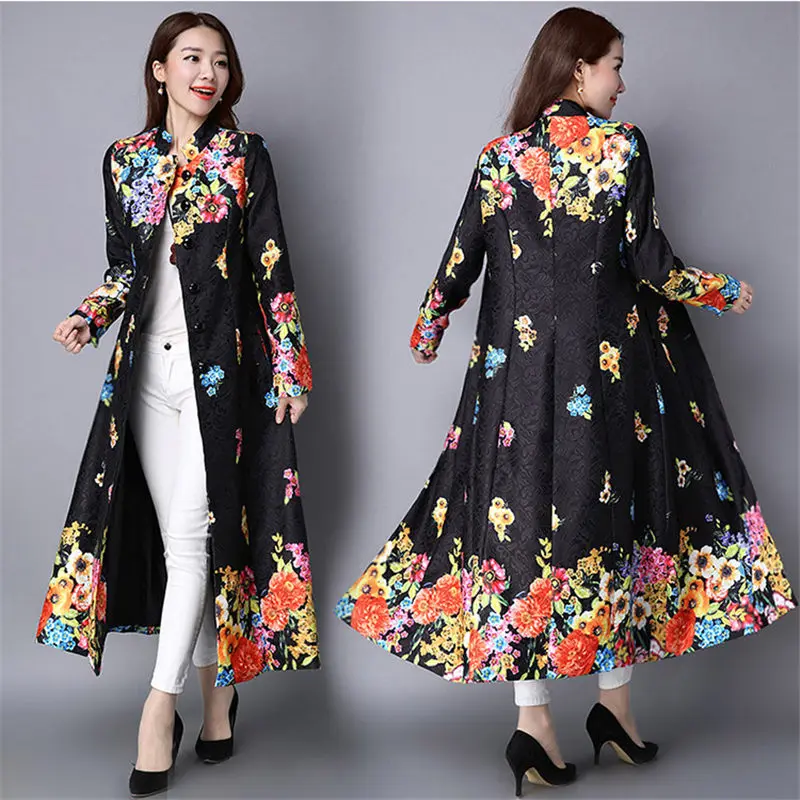 

Long Sleeve Cardigan Ethnic Style New 2019 Autumn Trench Coat Vestido Retro Print Long Coat Female Fashion Slim Windbreaker f376