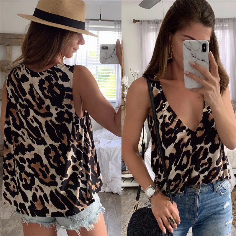 2019 Sexy Women Fashion Summer Leopard Deep V-Neck Tanks Tops Vest Blouse Off Shoulder Casual Crop Cami Camisole Bandeau T-Shirt | Женская