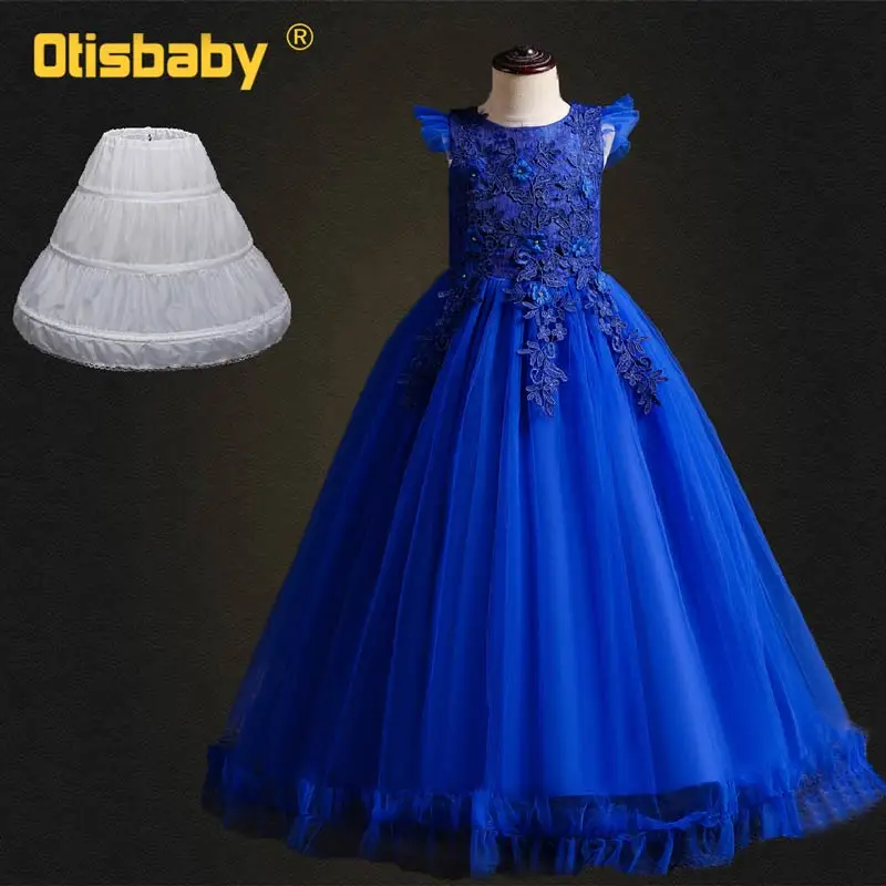 Blue Set Длинное вечернее кружевное платье без рукавов с цветочным рисунком для девочек-подростков Детские платья на свадьбу для девочек возрастом 13 лет, вечерние платья-пачки для выпускного вечера, одежда для девочек - Цвет: Blue Set