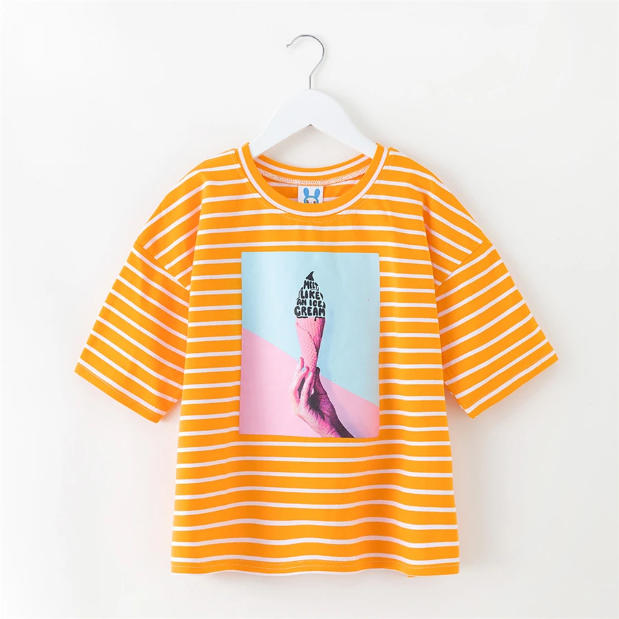 Модная розовая рубашка в полоску для девочек летний топ с принтом лица футболка
