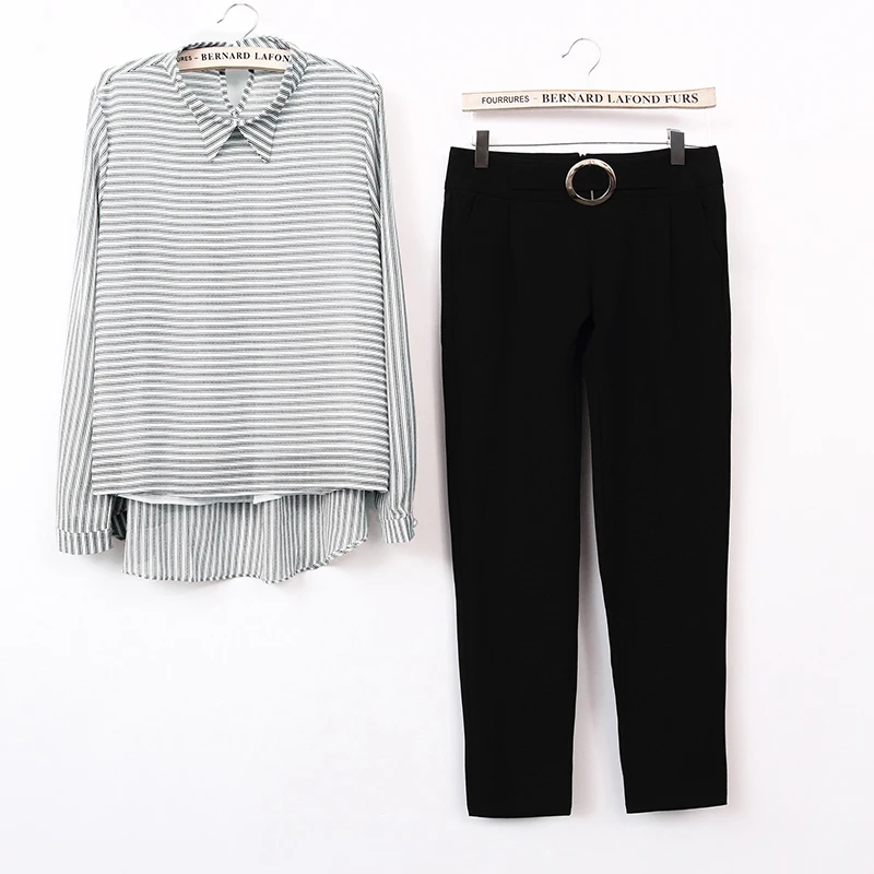 

Autumn women OL outfit chiffon plus size loose stripe print shirt top black pants korean fashion two-piece new spring S-XXL