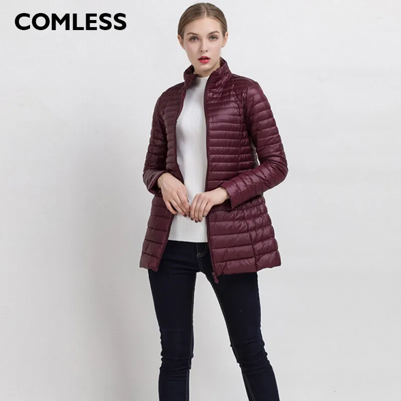 COMLESS размера плюс 4XL, 8 цветов, Женский Повседневный ультралегкий пуховик с 90% пухом, 10% перо, на молнии, Женское зимнее длинное пальто, куртка