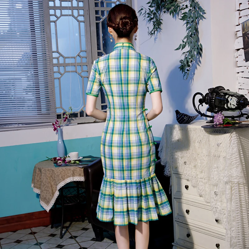 

Knee Length Cheongsam Vintage Chinese Mandarin Collar Dress 2019 New Womens Summer Cotton Qipao Slim Party Dresses Vestido S-3XL