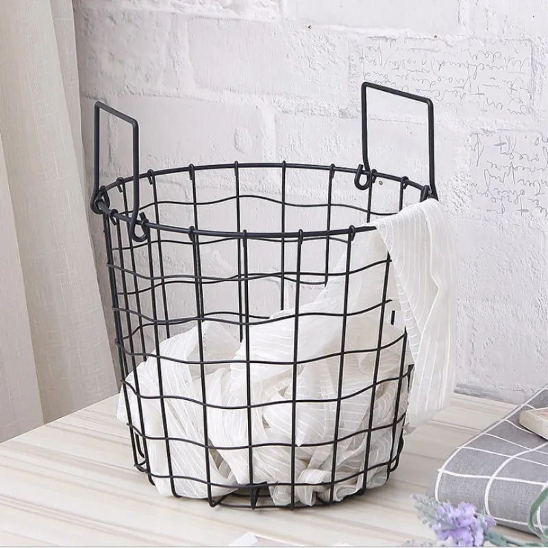 A Black Home Storage Basket Geometric Iron Metal Wire Round Tray Magazine Post Flowers Organization Case with Handle - Color: A