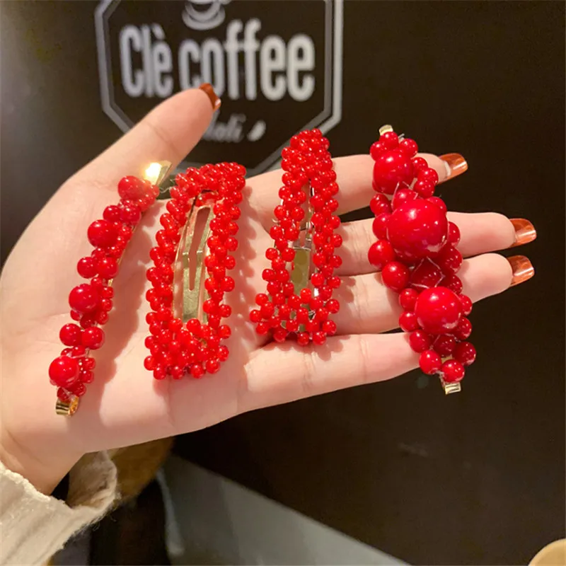 Новинка 2019 заколка для волос с красным жемчугом женщин элегантная Заколка пряжка