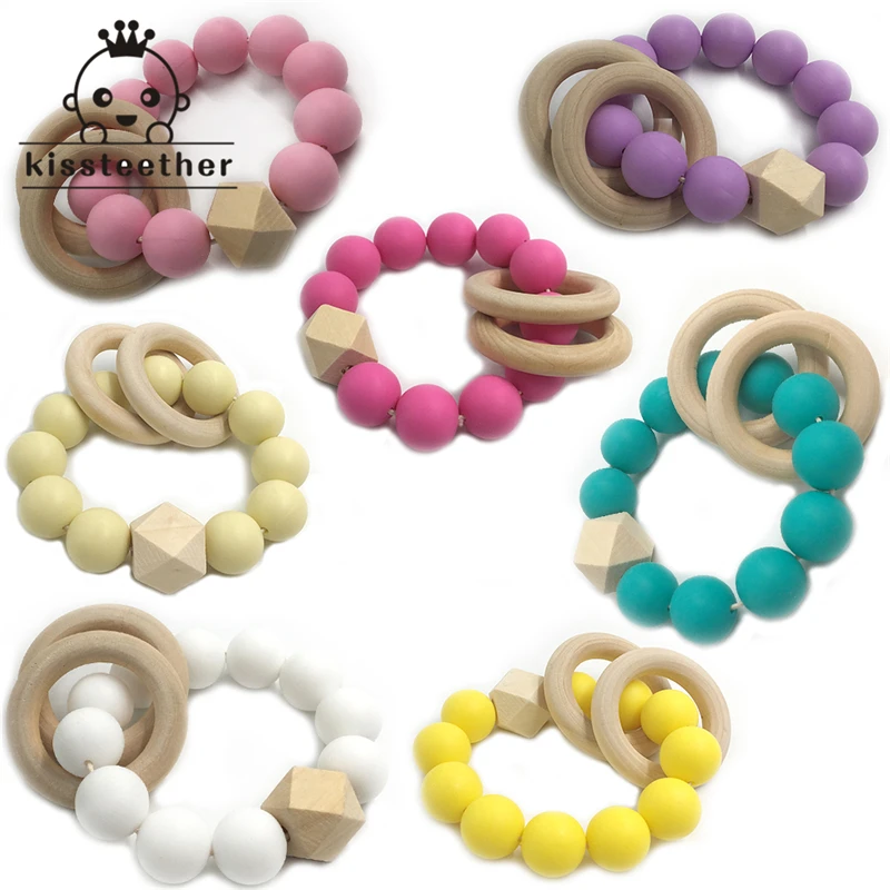 Mordedor de silicona hecho a mano para beb&eacute;, cuentas de silicona para lactancia, dentici&oacute;n, anillo de madera con pulsera, elefante de madera, 2 uds.-2