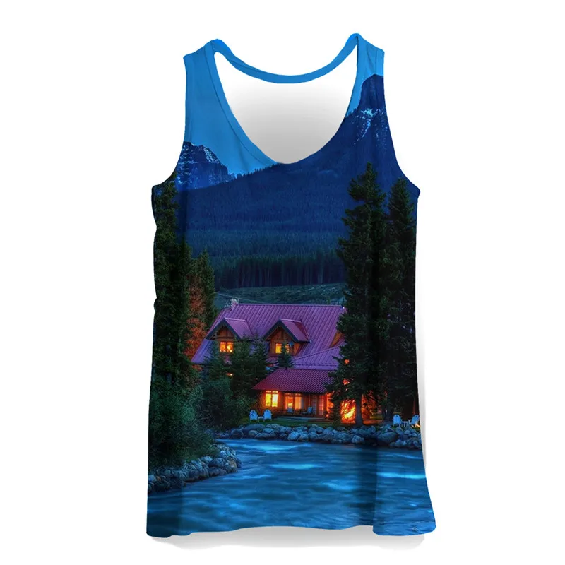 Летняя мужская майка на бретельках с 3D принтом леса, повседневный пляжный жилет с принтом каменной горы/дома, одежда для мальчиков, 3D топ на бретелях