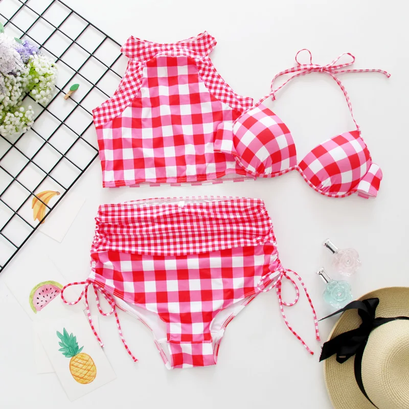 2017 красная решетка для милых девочек бикини сплит треугольник галстук студента