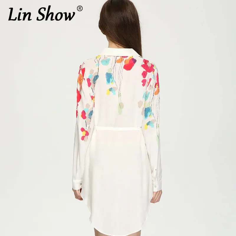 LINSHOW Цветочный Принт Женщины Mini Dress Летом С Длинным Рукавом Нагрудные Хлопок
