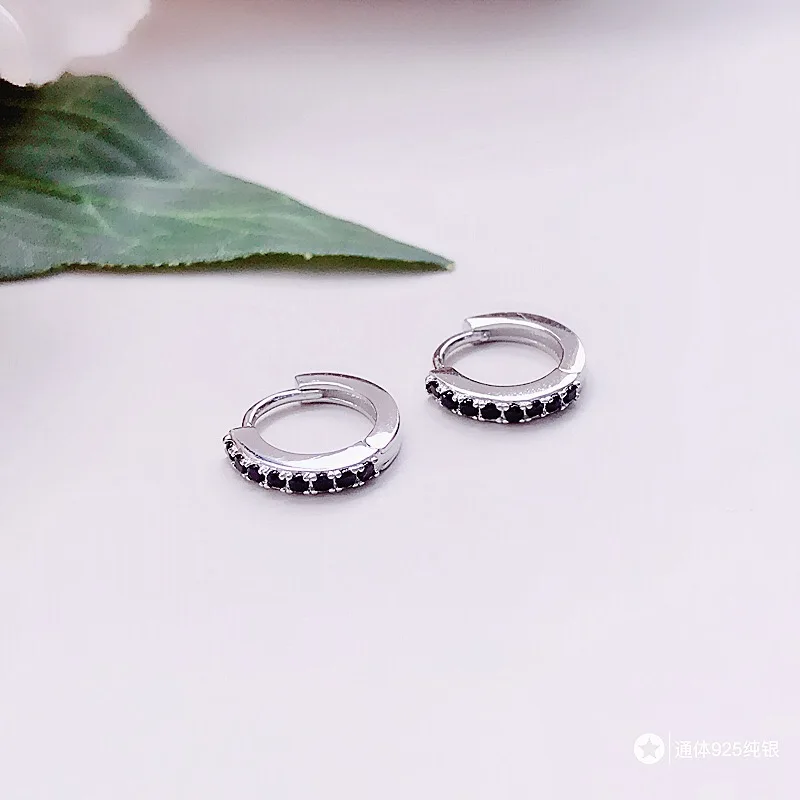 Серьги из стерлингового серебра 925 пробы, модные циркониевые белые и черные круглые маленькие кольца для ушей, Милые простые трендовые женские ювелирные изделия для ушей