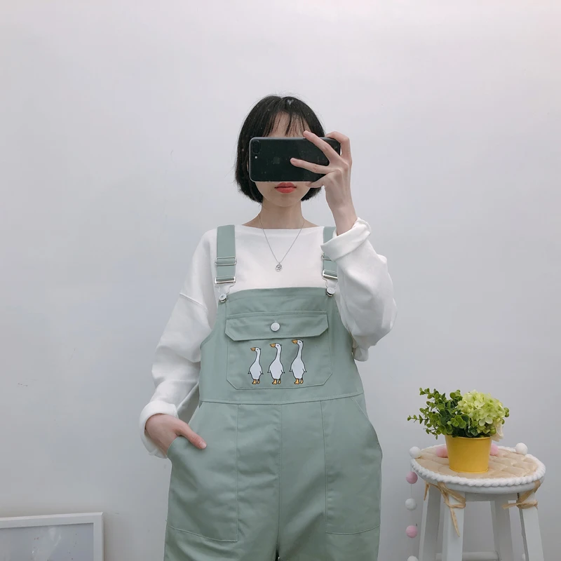 Женские комбинезоны, шикарные, с ремешком, длиной до лодыжки, Harajuku, милые, трендовые, женские, с карманами, для студентов, Kawaii, с мультяшным принтом, прямые, для девушек, милые