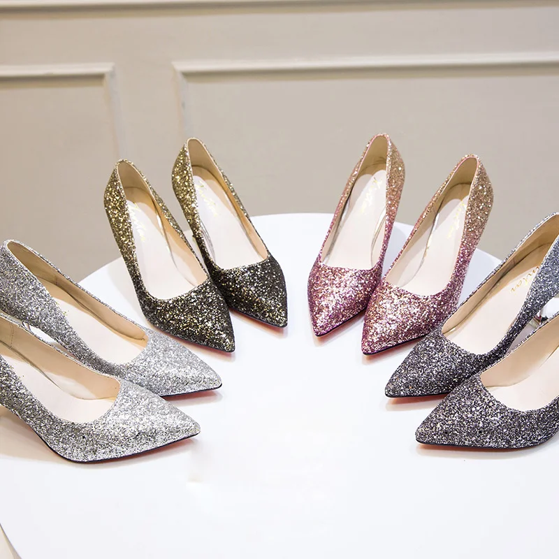 Женская свадебная обувь блестящие туфли на высоком каблуке лодочки серебристые