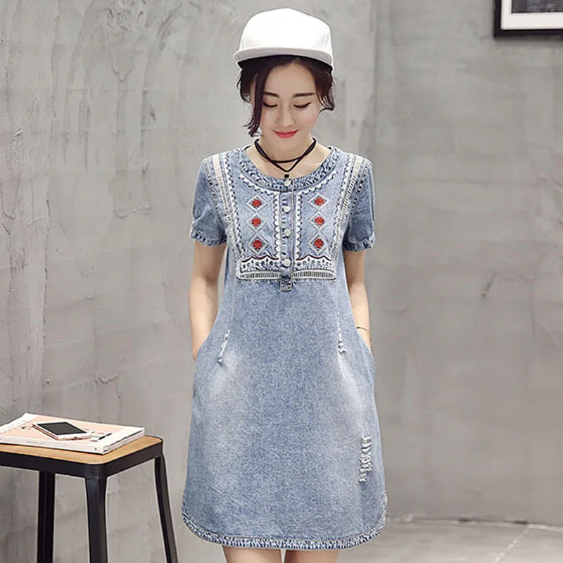 Лето 2017 г. Новый Для женщин мода ковбой платье и пуговицы с вышивкой талии лист