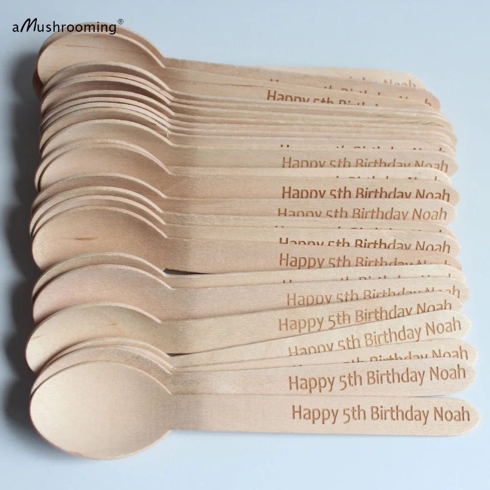 25x персонализированные ложки деревянные столовые приборы Happy 5th день рождения