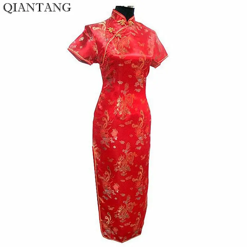 

Noble Sexy Red Chinese Women's Satin Cheongsam Long Qipao Dress Dragon Phenix S M L XL XXL XXXL 4XL 5XL 6XL Mujere Vestido J3090