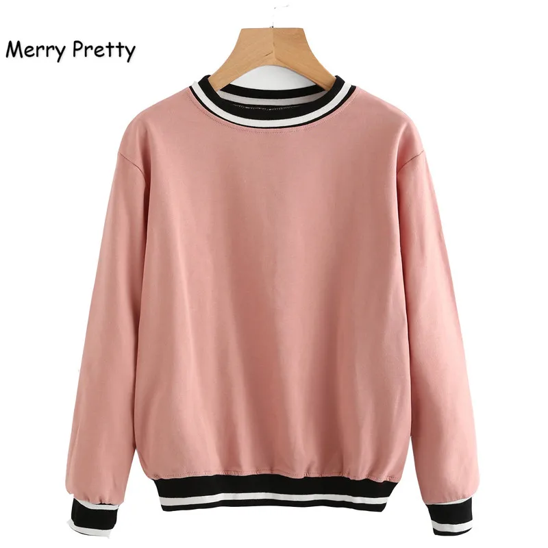 Merry Pretty, новинка, модная женская толстовка, розовый, длинный рукав, худи с круглым вырезом, в полоску, пэчворк, нить, пуловеры, повседневные толстовки