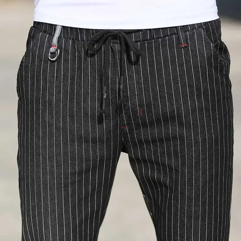 Slim Fit для мужчин полосатый повседневные штаны девочек Drawstring талии джинсы дизайн