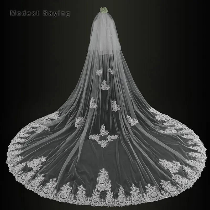 

High Quality Romantic Ivory 2 Layers 3*3M Sequined Lace Applique Wedding Veils with Comb Church Bridal Veil velos de novia 2018