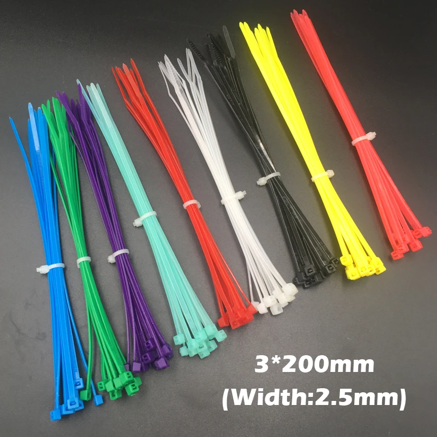 

100 шт., 3x200, 3*200 мм (ширина 2,5 мм), белый, черный, Nylon66, Сетевой электрический провод, шнур, застежка-молния, замок, самоблокирующийся кабель