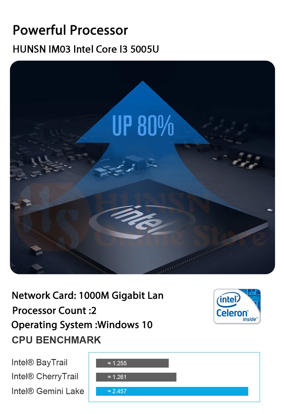 Безвентиляторный промышленный ПК, мини компьютер, Windows 10, Intel Core I3 5005U, [HUNSN MA04I],(двойной WiFi/VGA/HD/3USB2. 0/4USB3. 0/LAN/2COM