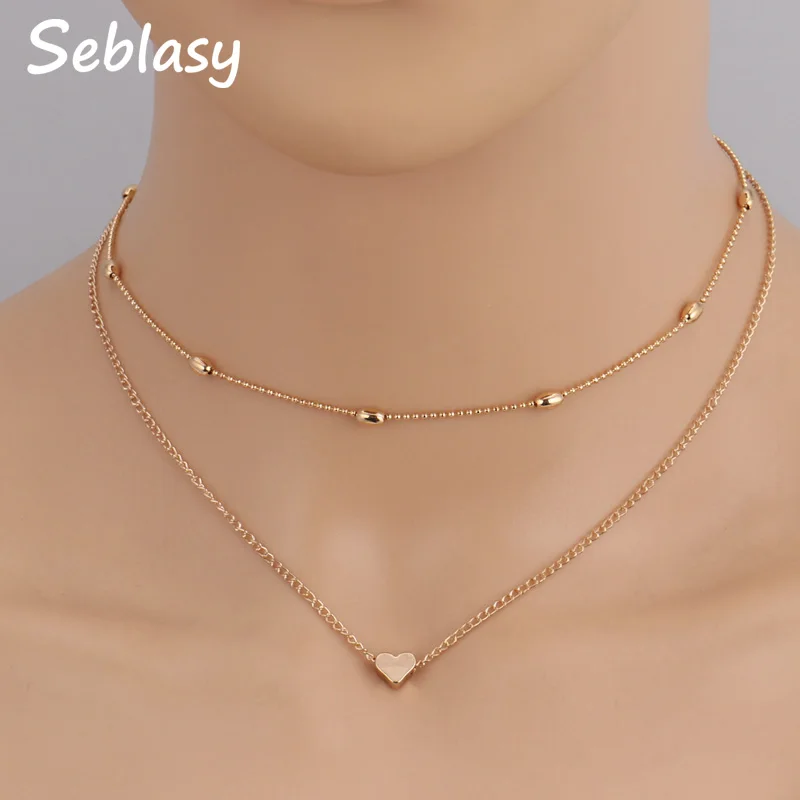 

Seblasy New Fashion Double Layer Tattoo Alloy Beads Love Heart Chain Necklaces for Women Clavicle Charm Chain Jewelry Bijoux