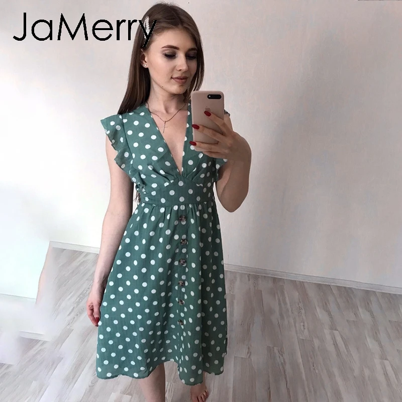 Женское платье миди JaMerry пляжное в горошек с поясом и оборками лето 2019|Женские