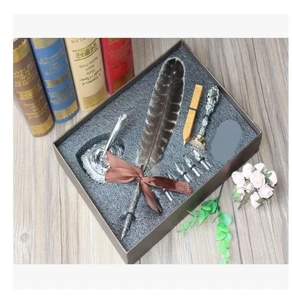 owl feather Подарочная коробка винтажный металлический изогнутый натуральный набор перьевых ручек с 5 nibs, подставка для ручек, штамп, вощеная ручка для подписи в подарок - Цвет: owl feather