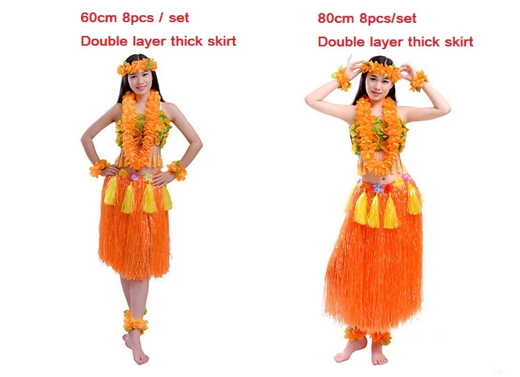 8pcs 1set orange Толстый кулон для взрослых женщин трава юбки хула юбка Гавайские костюмы Lei повязка на голову гирлянда бюстгальтер хула платье юбка Гавайские украшения - Цвет: 8pcs 1set orange