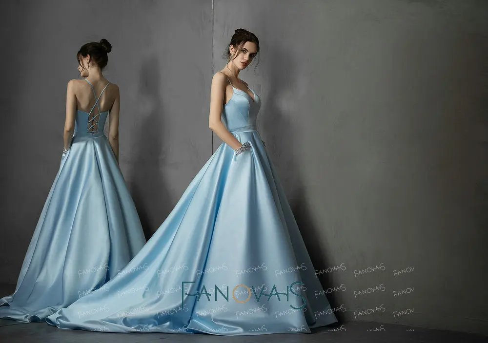 Синий Атлас вечерние платья простое платье выпускного вечера с карманами Vestidos de