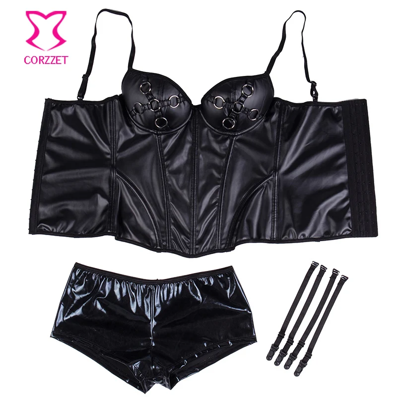Черный кожаный корсет с эффектом пуш ап Бюстье и шорты сексуальный женский в