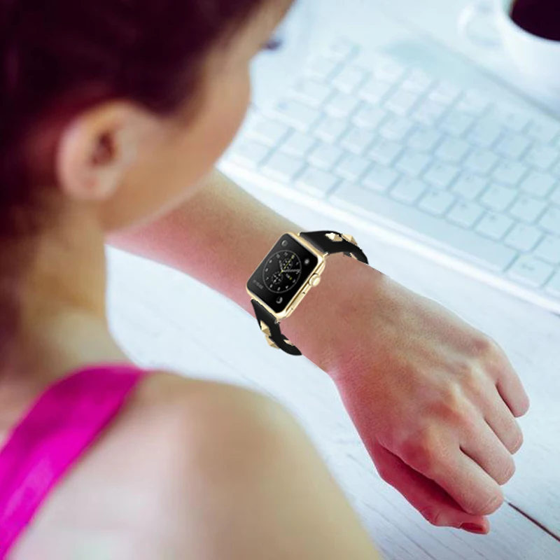 Заклепки стиль кожаный ремешок для Apple Watch 4 3 2 1 браслет ремешок для iwatch 44 мм 40 38 42 Роскошные петли аксессуары для наручных часов