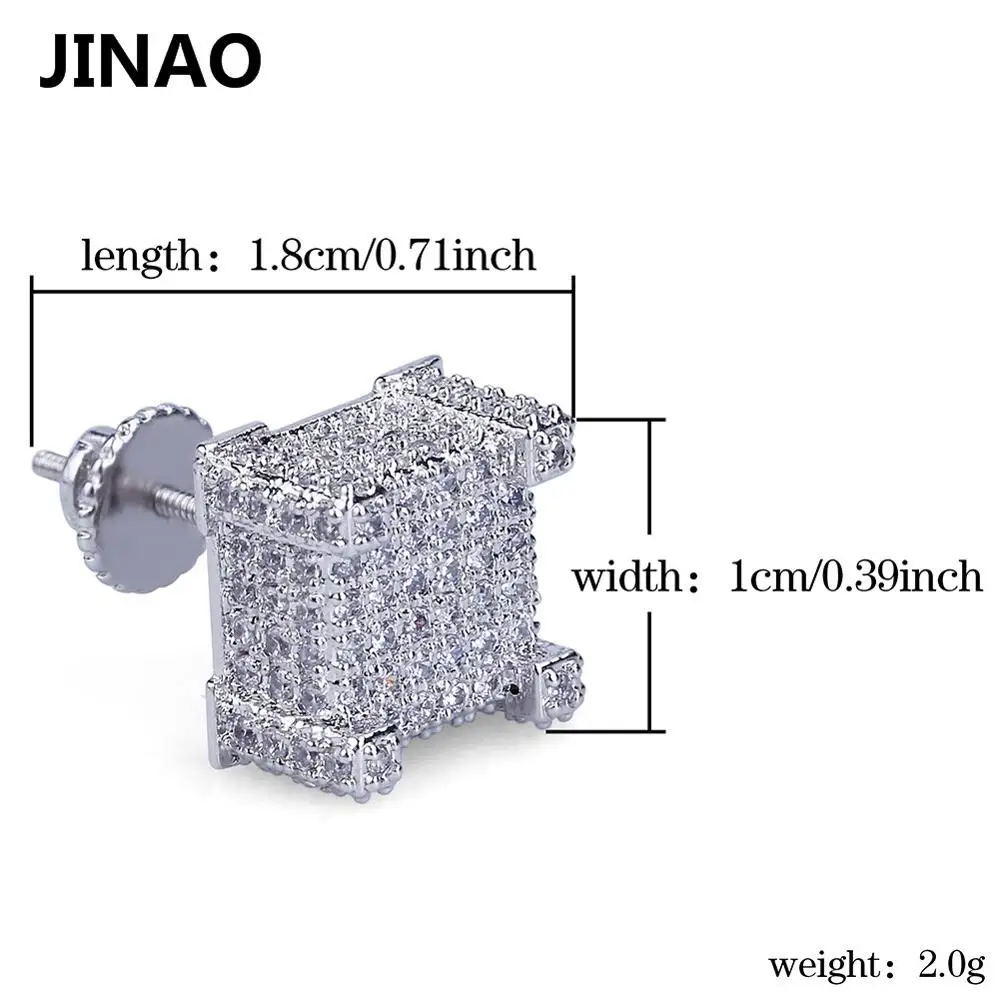 silver JINAO хип-хоп новые модные серьги-гвоздики со льдом золотого цвета с микро кубическим цирконием квадратные серьги-гвоздики для мужчин и женщин - Окраска металла: silver