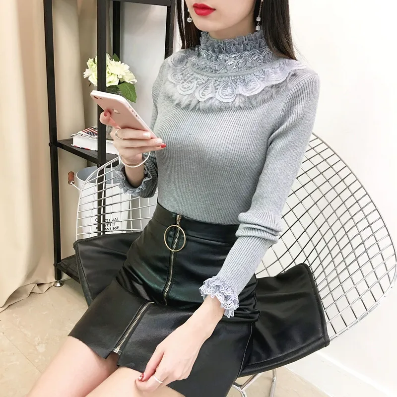 Новинка 2019 осенний свитер Женская водолазка кружевные женские облегающие