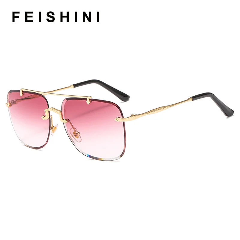 

FEISHINI 2020 Fashion Grey Gradient Eyewear Shield Rhinestone Rimless Sunglasses Women Vintage Oversized Luxury Brand Designer