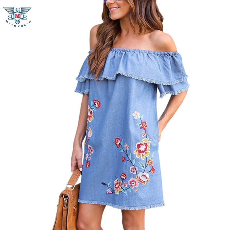 Элегантное джинсовое мини-платье с цветочной вышивкой vestidos открытыми плечами