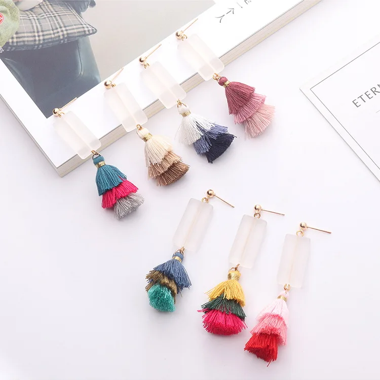Bohemian 3 Layered Fringed Statement Tassel Earrings Pink Geometric Resin Women Drop Dangle Jewelry Wholesale | Украшения и