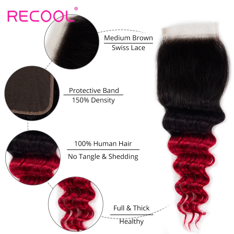 Бразильские волосы Recool с эффектом омбре 3 пучка кружевной застежкой 1B красные