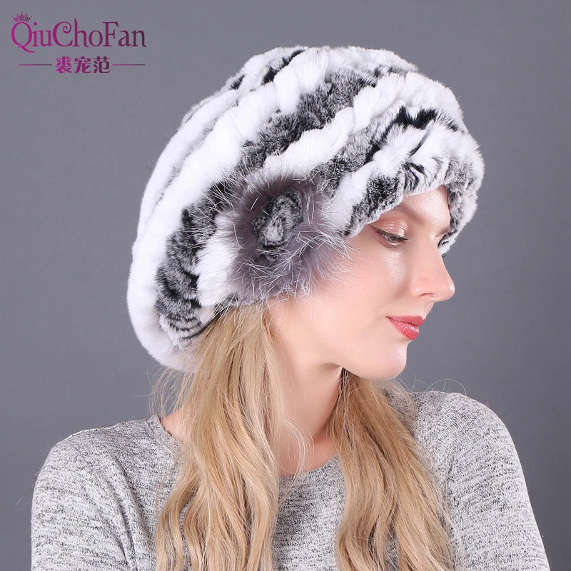Новый милый Дамский берет шапки вязаный Настоящий мех кролика женские зимние из