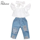 Citgeettповседневная одежда для маленьких девочек; Белый топ с открытыми плечами + джинсовые штаны; Комплект джинсовой одежды; От 1 до 6 лет
