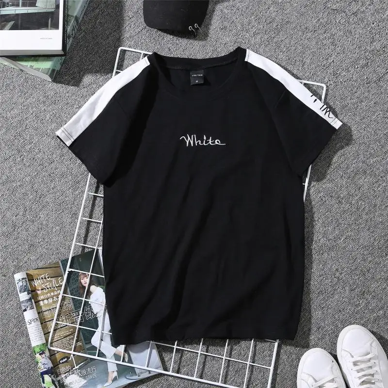 Summer New Women's T-shirt White Embroidered Monophonic Female T Shirt Striped Harajuku Couple Clothes Black Tops 90s Tees