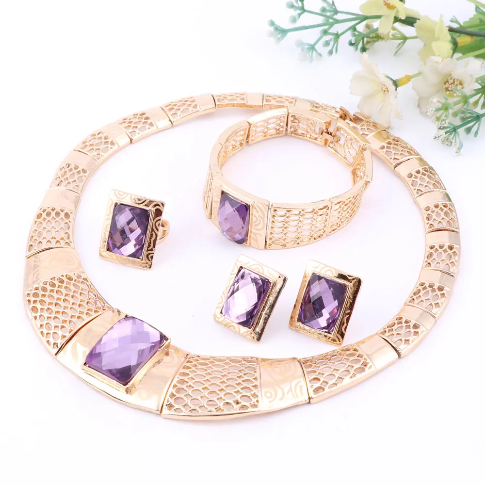 Фиолетовый кристалл золотой цвет Ювелирные наборы с браслетом серьги 2017 Бохо