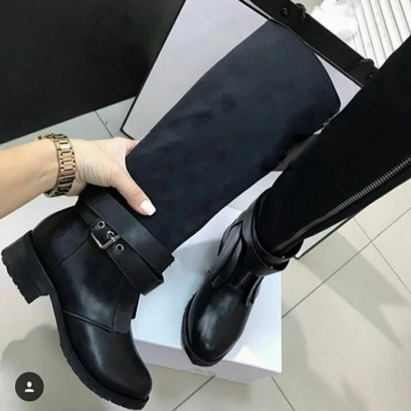 

WETKISS Knee High Thcik Heels Women Boots Round Toe Cross Tied Footwear Pu Motorcycle Female Boot Warm Shoes Woman 2018 Winter