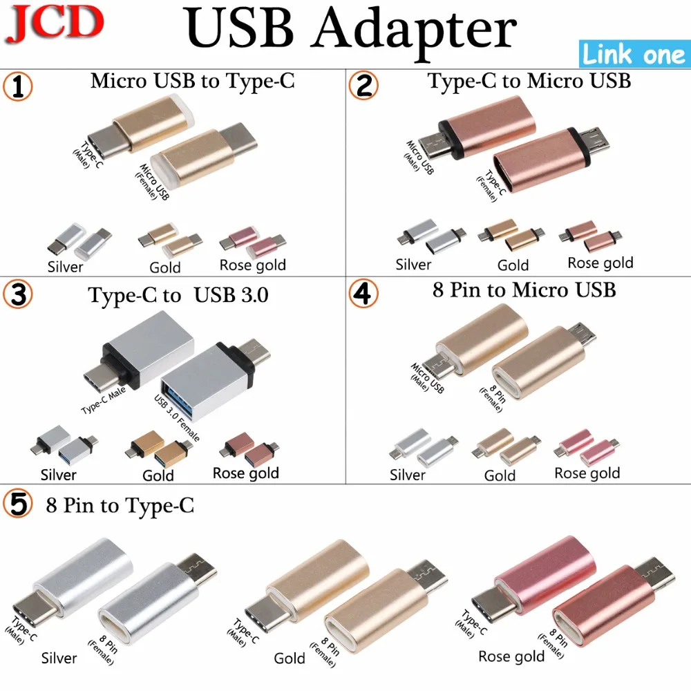 JCD Micro Usb Male To Type-c Micro usb To Type C/ 8 Pin to Micro USB / Type C Adapter Type-C to USB 3.0 OTG  Converter Adapter