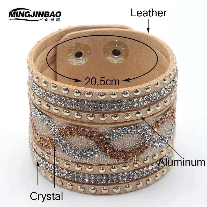 Модные кожаные Обёрточная Бумага Браслет манжета Punk кристалл горный хрусталь