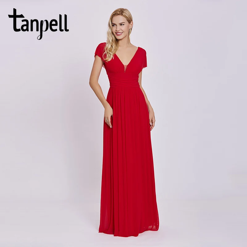 Tanpell длинное вечернее платье с v образным вырезом красные вышитые бисером рукава